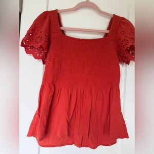 Madewell Orange / Red Smocked Flutter Sleeve Top size Small
